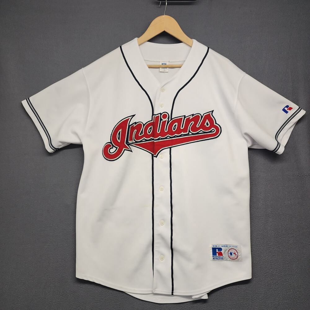Cleveland Indians Russell Athletic Jersey White Button Front Baseball Mens Large